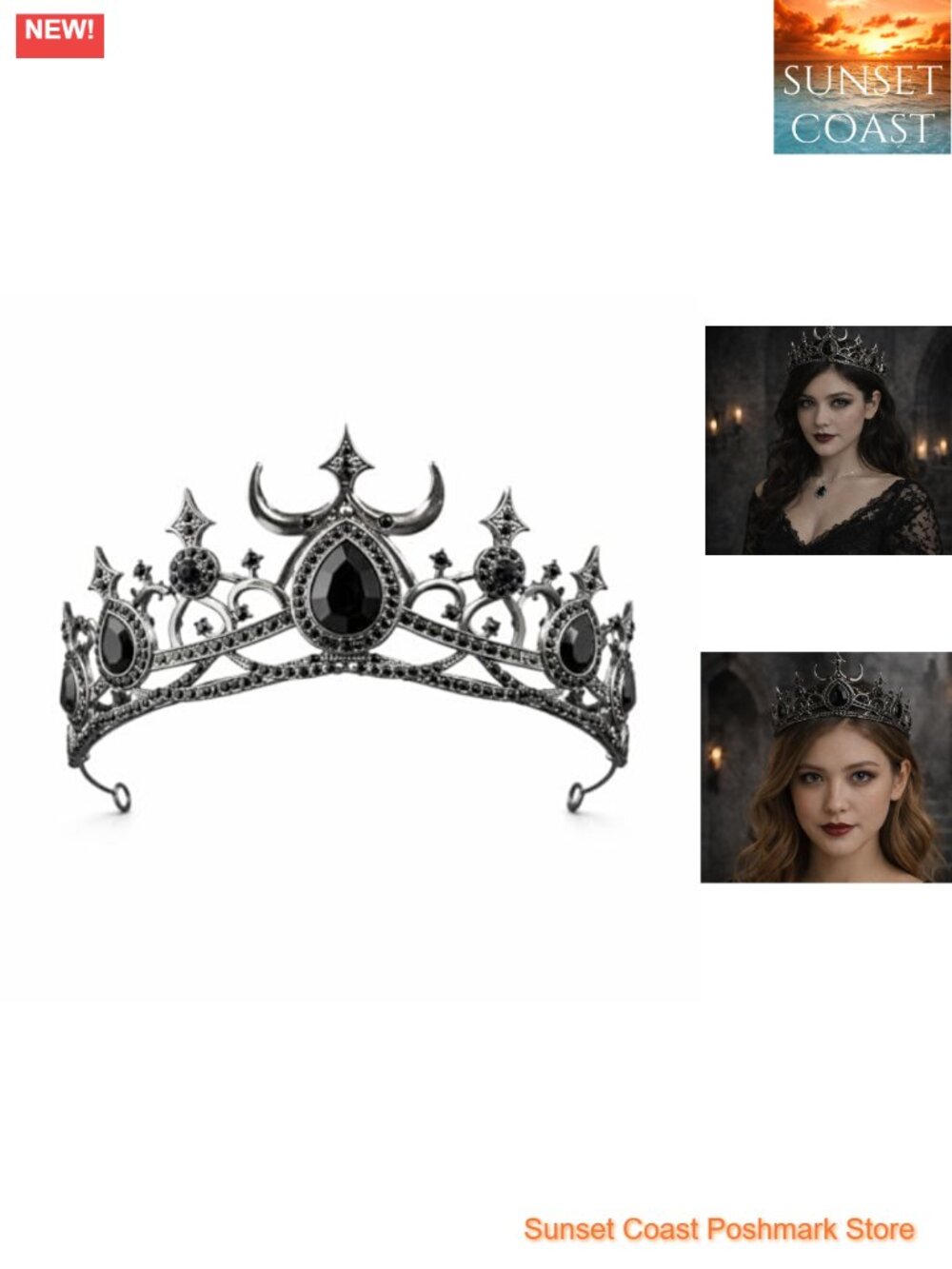 Gothic Crystal Crown Tiara with Crescent Moon Rhinestones for Cosplay Halloween